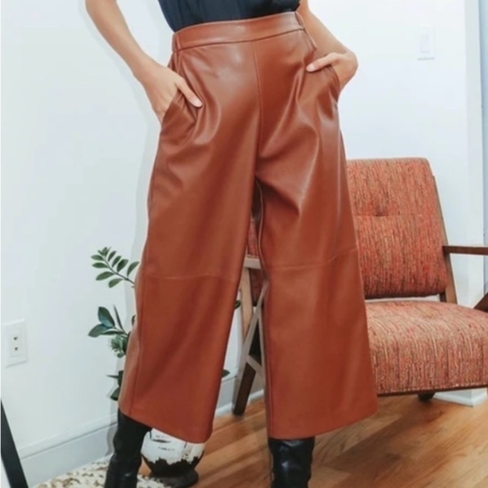 Lulu's Cognac Brown Vegan Leather Straight Leg Pant Small
